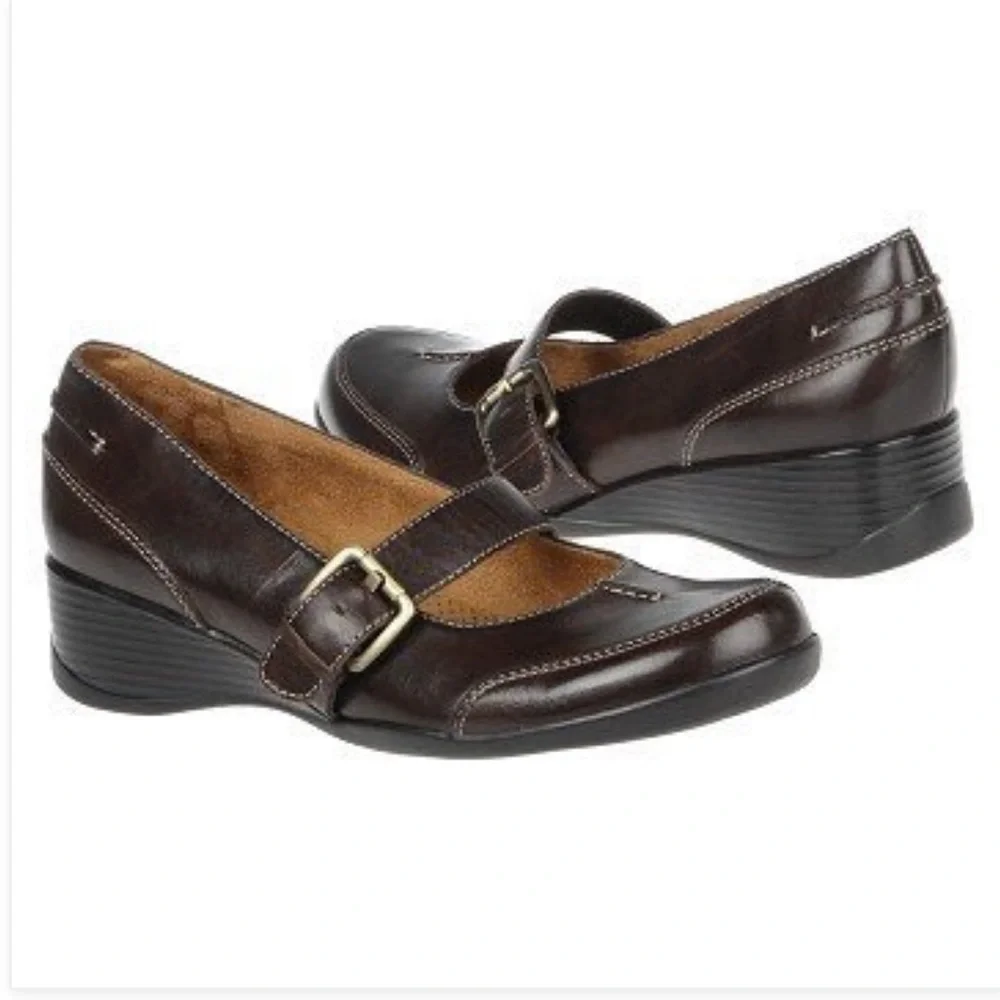 Natural Soul by Naturalizer Bakten Mary Jane Brown Leather Wedges 9 Classic